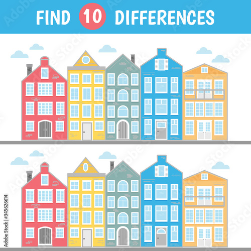 Fototapeta Naklejka Na Ścianę i Meble -  Find ten differences. Mindfulness game for children and adults. Houses, city, street. Vector illustration.