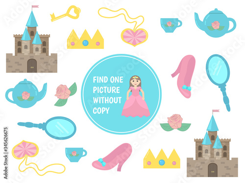 Find single picture without copy. Educational game for preschool kids. Cute game for girls. Cartoon vector illustration. 