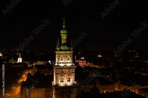 Aerial view on Dormition Church in Lviv, Ukraine from drone