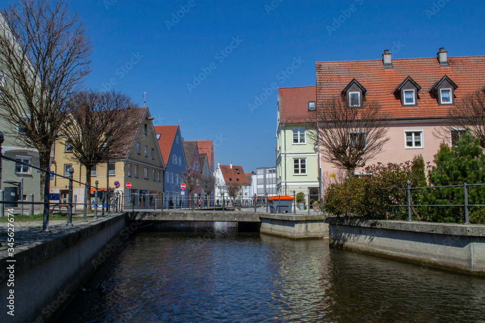 river between houses in the city of Memmingen in Germany river between houses in the city of Memmingen in Germany