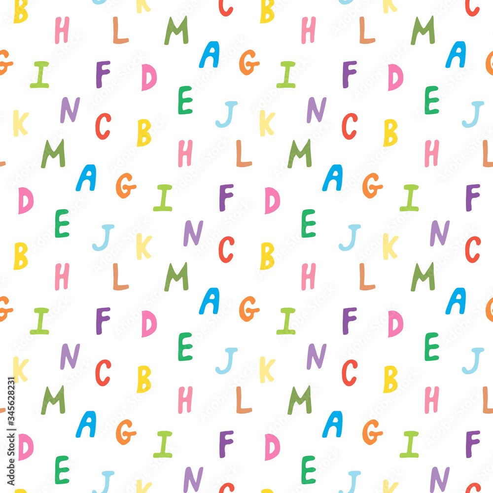 Seamless pattern with multicolored letters on white background. Vector image.