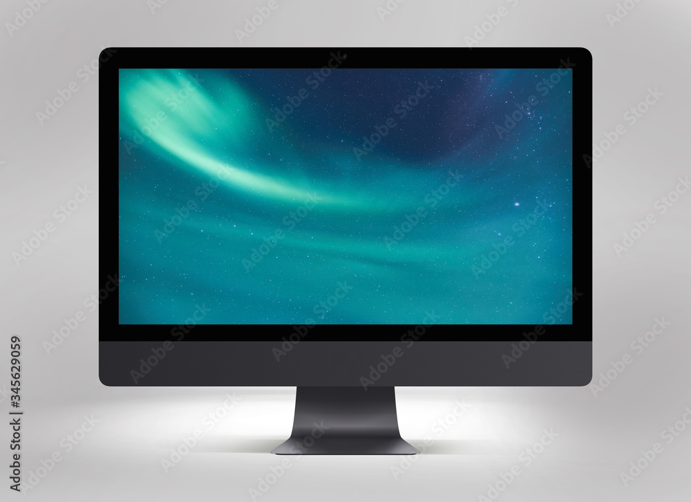 3D illustration of black monitor with screen in various shades of blue on a light gray background 3D illustration of black monitor with screen in various shades of blue on a light gray background