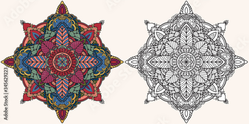 Coloring page. Antistress coloring book for adults. Mandala. Outline drawing and coloring example