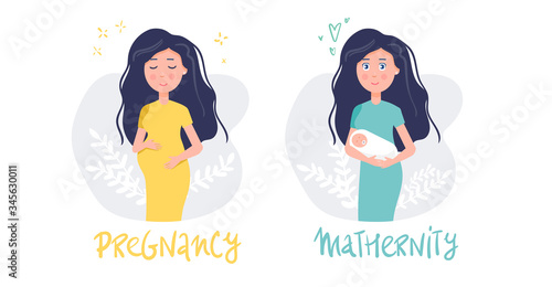 Pregnancy and maternity - young happy woman pregnant and with newborn baby. Vector illustration in flat style