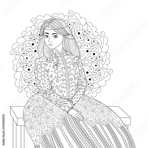 Coloring book for adults with a beautiful medieval princess in the historical outfit sitting on a bench