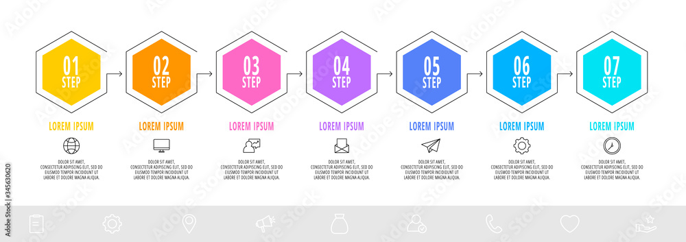 Hexagon infographic design template with 7 options and arrows. Vector line business concept. Can be used for diagram, web, banner, presentations, flow chart, info graph, timeline, content, levels. Hexagon infographic design template with 7 options and arrows. Vector line business concept. Can be used for diagram, web, banner, presentations, flow chart, info graph, timeline, content, levels.