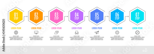 Hexagon infographic design template with 7 options and arrows. Vector line business concept. Can be used for diagram, web, banner, presentations, flow chart, info graph, timeline, content, levels.