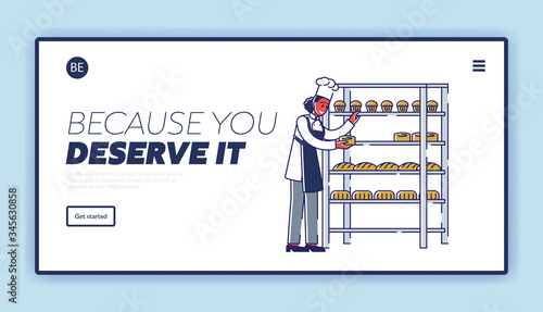 Website Landing Page. Manufacturing Process In Bakery With Woman Chef Is Putting Baked Cupcakes On The Rack With Fresh Bakery Products. Web Page Cartoon Linear Outline Flat Style Vector Illustration
