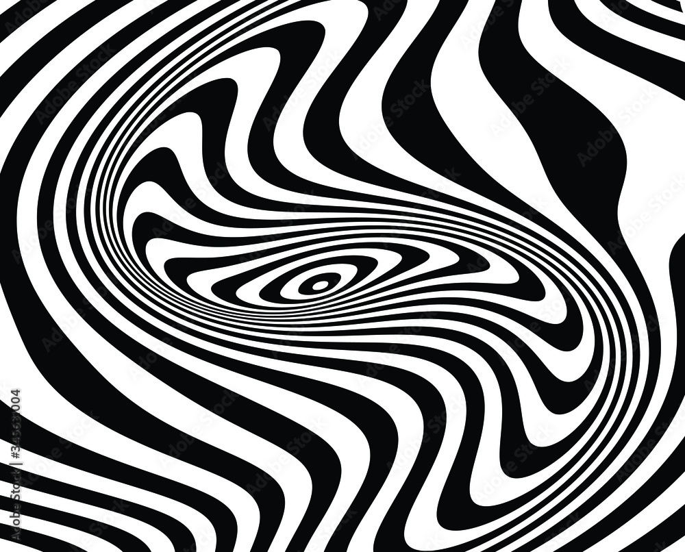 Obraz premium Grafika liniowa. Psychodeliczne tło. Monochromatyczne tło. Styl złudzenia optycznego. Czarne ciemne tło. Nowoczesny wzór. Streszczenie tekstura graficzny. Graficzny ornament. Szablon wektor