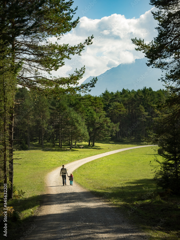 Mother and her daughter are walking hand in hand on a path across meadow in mountain valley in Tyrol/Austria, towards forest on a sunny summer day with partly cloudy sky.