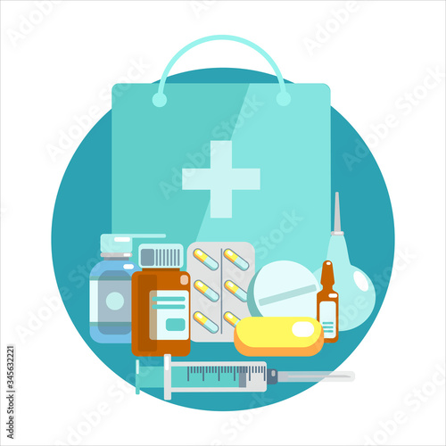 Medical supplies, bottles liquids, bag, syringe, enema, pills vector flat illustration. Pharmacy purchases. Drugstore Concept. Delivery online pharmacy. Template for landing page, banner, card