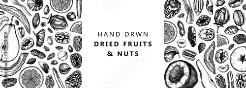 Dried fruits and nuts banner. Hand drawn dehydrated fruits sketches. Vintage nuts illustrations. For vegan food, snacks, healthy breakfast, granola, baking, desserts. Engraved style design.