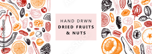 Dried fruits and nuts banner. Hand drawn dehydrated fruits sketches. Vintage nuts illustrations. For vegan food, snacks, healthy breakfast, granola, baking, desserts. Engraved style design.