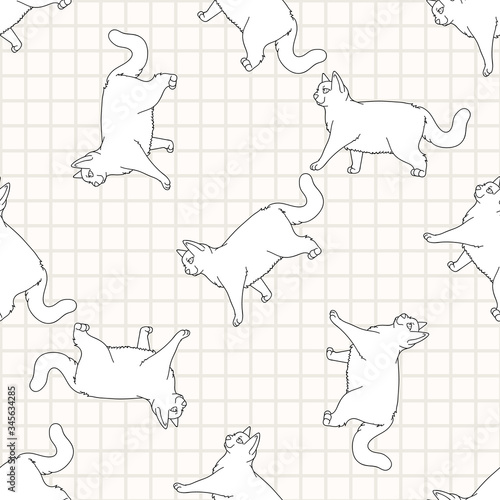 Cute cartoon monochrome British shorthair cat seamless vector pattern. Pedigree lineart kitty breed domestic kitty background. Cat lover English purebred all over print. Feline EPS 10. 