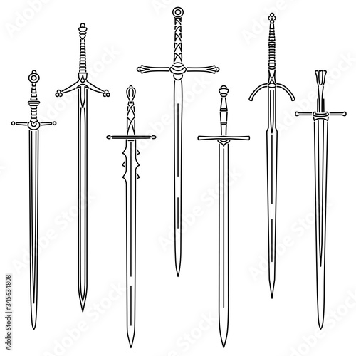 Set of simple vector images of medieval two-handed swords drawn in art line style.