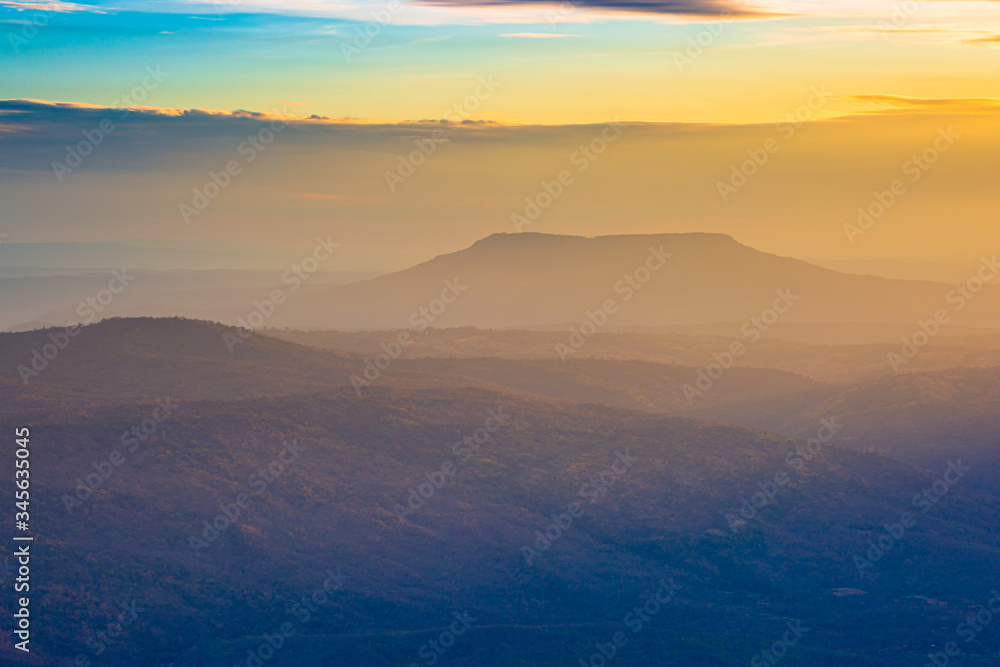 Mountain at sunset, the sky is yellow,Blue Mountains ,Australia, Blue Mountains - Australia, Mountain, Mountain Range, Fog