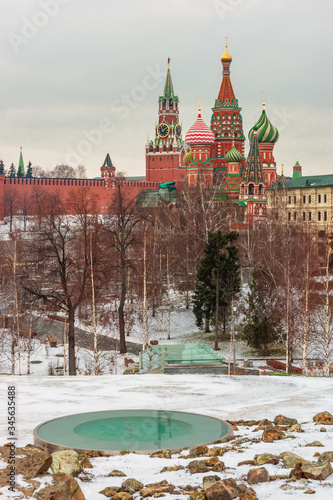 Moscow Kremlin,  and St. Basil's Cathedral from Zaryadye Park on winter day.