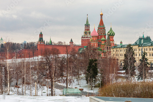 Moscow Kremlin, and St. Basil's Cathedral from Zaryadye Park on winter day.