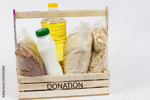 Donation. Donation Box. Food Donation Concept. Basket with food donation. Copyspace photo