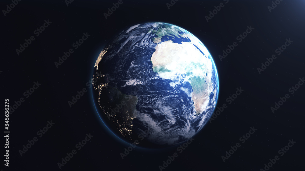 Africa at day and South America at night viewed from space with city lights showing, 3d rendering of planet Earth, elements from NASA