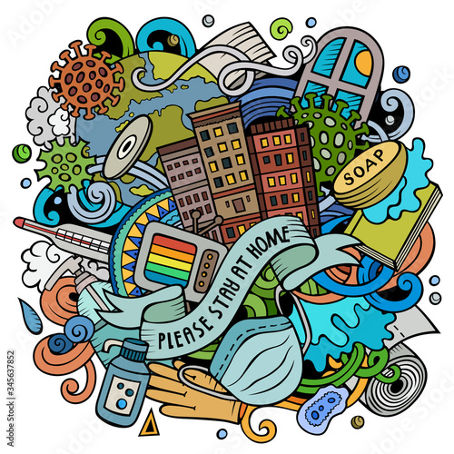 Cartoon vector doodles Please, Stay at Home illustration.