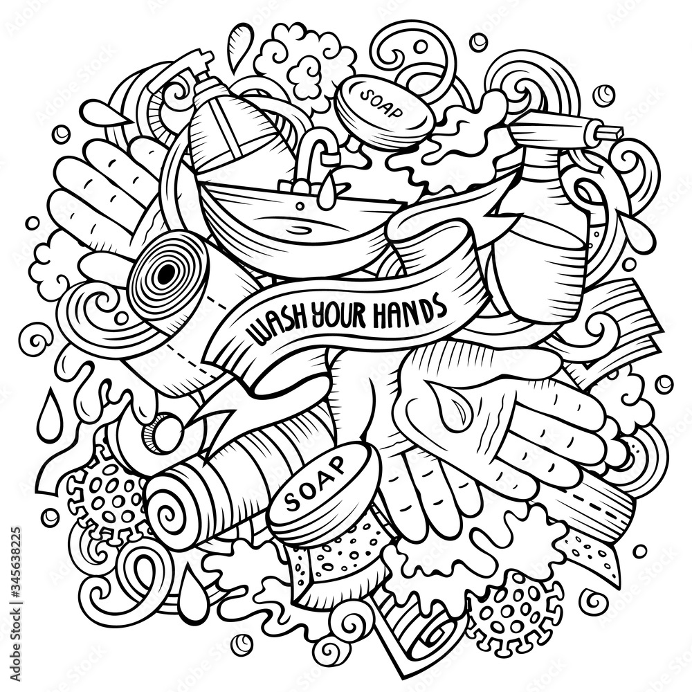 Cartoon vector doodles Wash Your Hands illustration. Sketchy picture