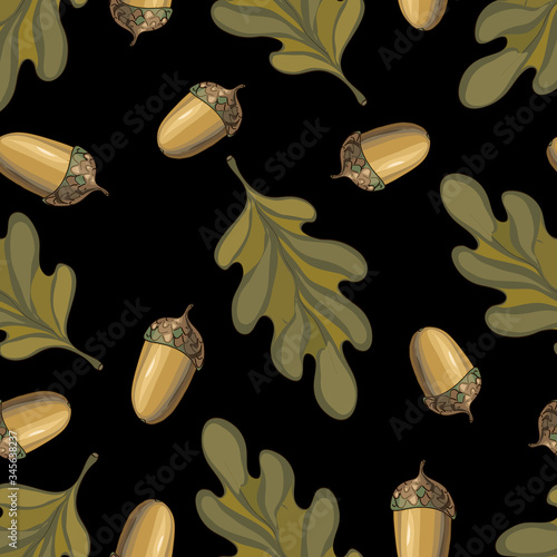 Seamless vector pattern with autumn leaves. Oak leaf and acorn drawing.