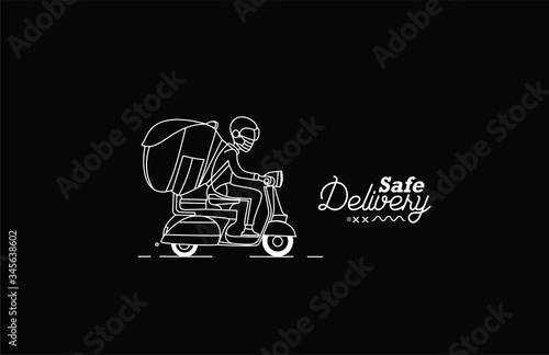 Delivery boy ride scooter delivery service , Safe Order, Fast Shipping, Flat Line Art Vector Background.