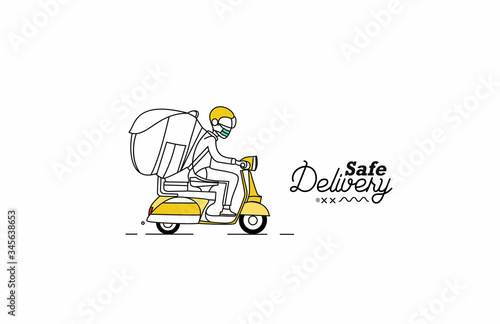 Delivery boy ride scooter delivery service , Safe Order, Fast Shipping, Flat Line Art Vector Background.