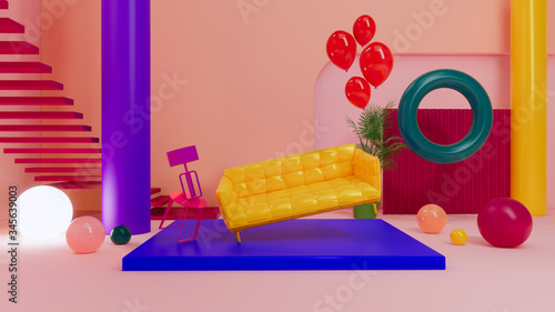 geometric room and yellow sofa in colorful background,3d rendering design