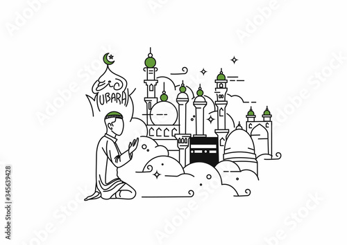 Muslim young man praying ( Fajr, Zuhr, Asr, Maghrib, and Isha ) - eid mubarak, vector Illustration.