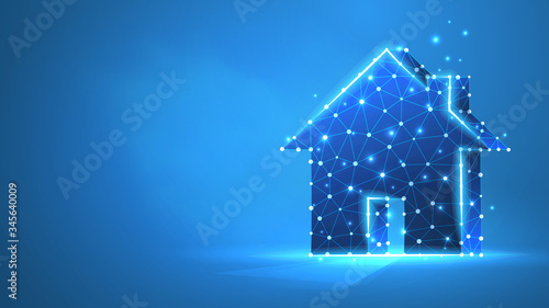 Home, real estate concept. Private house concept. Low poly, wireframe 3d vector illustration. Abstract polygonal img on blue neon background