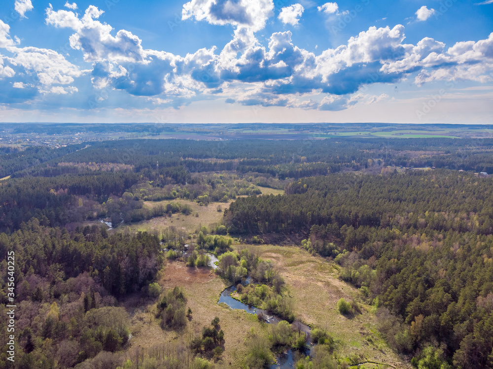 The aeral view of the river and the forest in Belarus. Drone shot