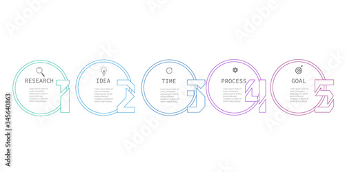 
Modern, colorful business infographics template of 5 steps timeline in the shape of a circle with symbols. It is used to build a workflow, diagram, business project. Vector image