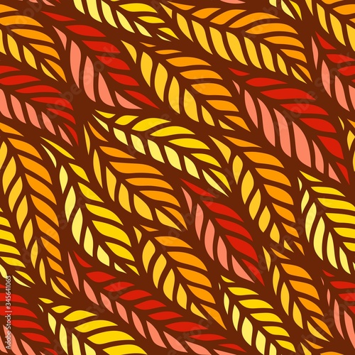 Bright autumn seamless pattern with leaf fall in yellow, orange, red colors. Flowing waves of spikelets with a brown outline. Texture for fabric, web backgrounds, wallpaper, textile or wrapping paper.