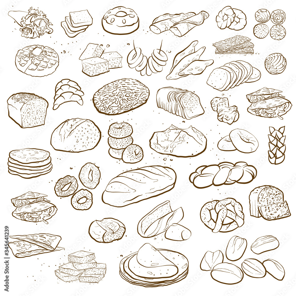 Outline version of Big Collection of hand drawn bread isolated