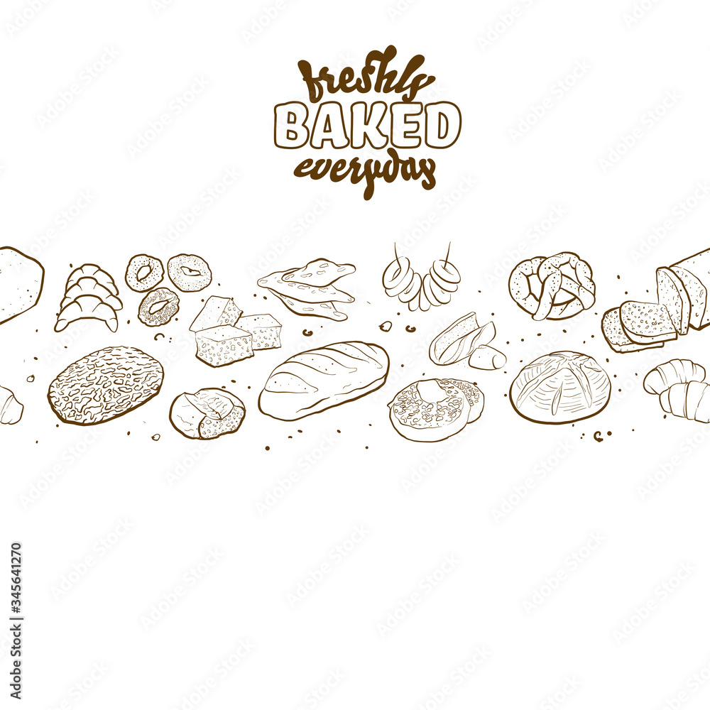 Outline version of Freshly baked everyday label with illustrations of various types of bread