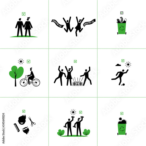 Set of vector icons of end of quarantine, virus epidemic,coronavirus.Victory over Covid-19.Epidemic reduction graphs, permitting signs, freedom of movement on the street. For infographics, websites.