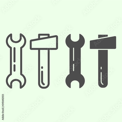 Hammer and wrench line and solid icon. Two building tools spanner and knocker outline style pictogram on white background. House repair tool signs for mobile concept and web design. Vector graphics.