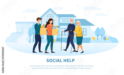 Young people providing Social Help to the elderly delivering bags of groceries to a senior couple in their garden, colored vector illustration