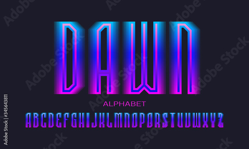 Dawn alphabet of blue pink gradient letters. Luminous display font. Isolated english alphabet.