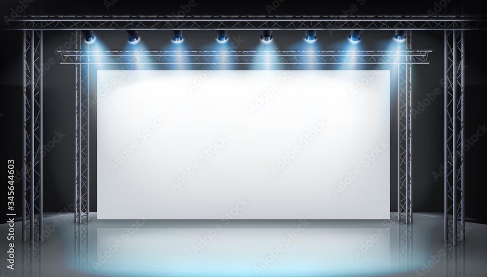 Display stand at the trade fair. Large projection screen on the stage. Show in art gallery. Free space for advertising. Vector illustration.