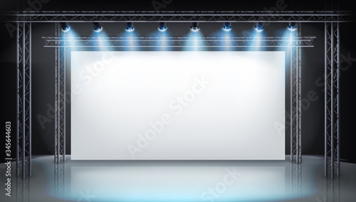 Display stand at the trade fair. Large projection screen on the stage. Show in art gallery. Free space for advertising. Vector illustration.