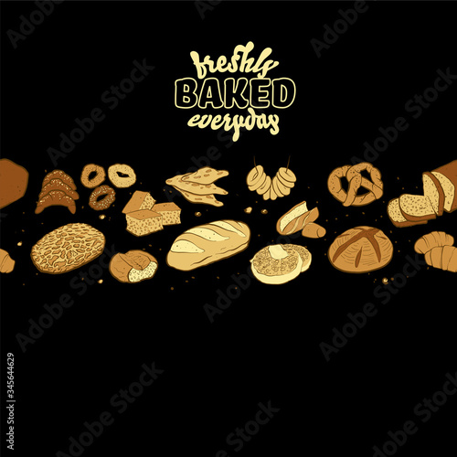 Freshly baked everyday label with illustrations of various types of bread on blackboard