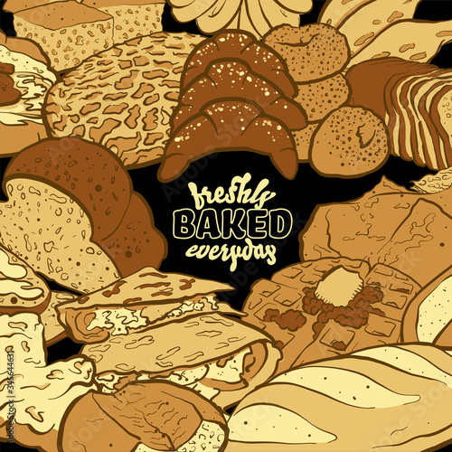 Freshly baked everyday label with various types of bread on blackboard