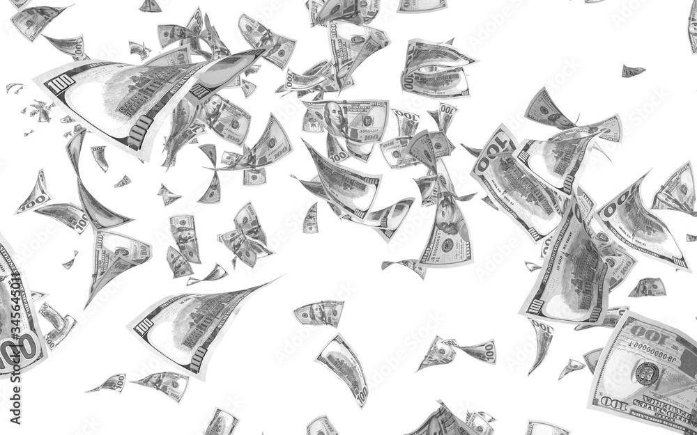 Obraz premium Flying dollars banknotes isolated on white background. Money is flying in the air. 100 US banknotes new sample. Black and white style. 3D illustration