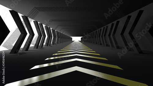 Black empty room space and the pathway area indefinitely with the gap glowing in the dark and shadow. Museum space design. Forward arrow symbol and the gap, On the black floor, 3D rendering.