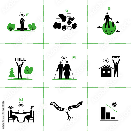Set of vector icons of end of quarantine, virus epidemic,coronavirus.Victory over Covid-19.Epidemic reduction graphs, permitting signs, freedom of movement on the street. For infographics, websites.