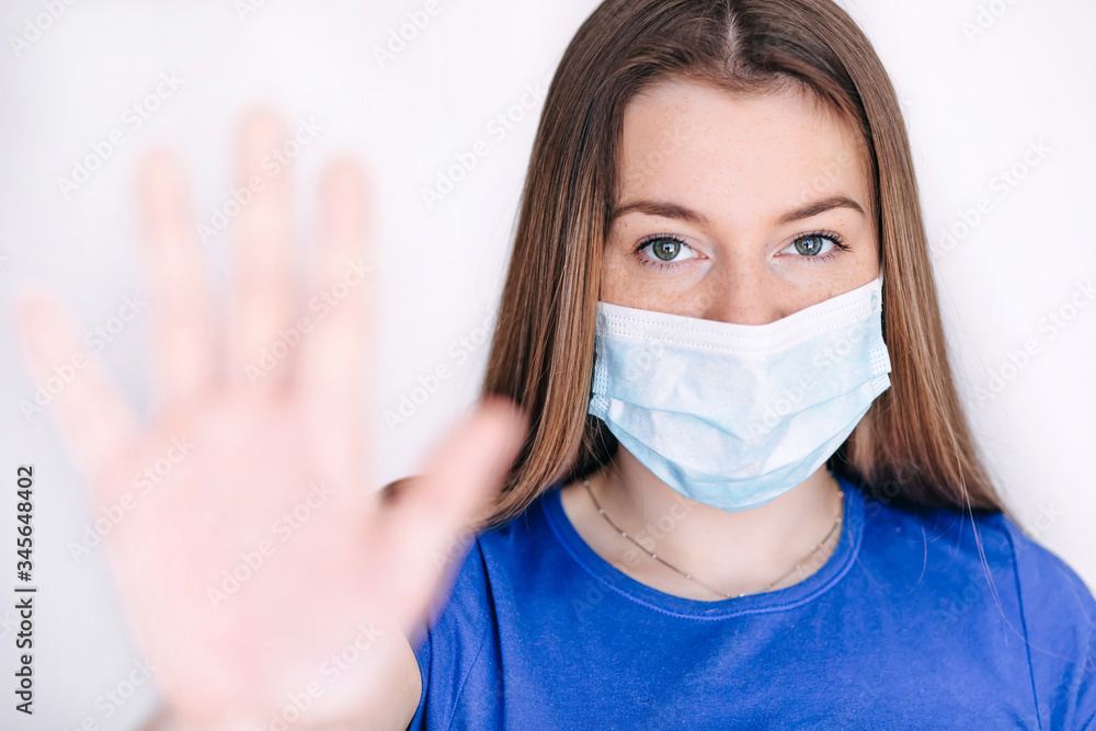 Close up of woman wearing protective face mask, get ready for Co Close up of woman wearing protective face mask, get ready for Co