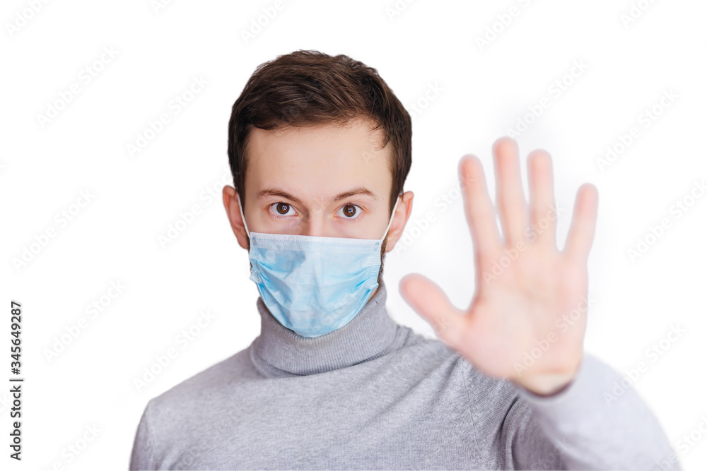 Protective mask. Open palm stop gesture. Stop epidemic. Virus co Protective mask. Open palm stop gesture. Stop epidemic. Virus co